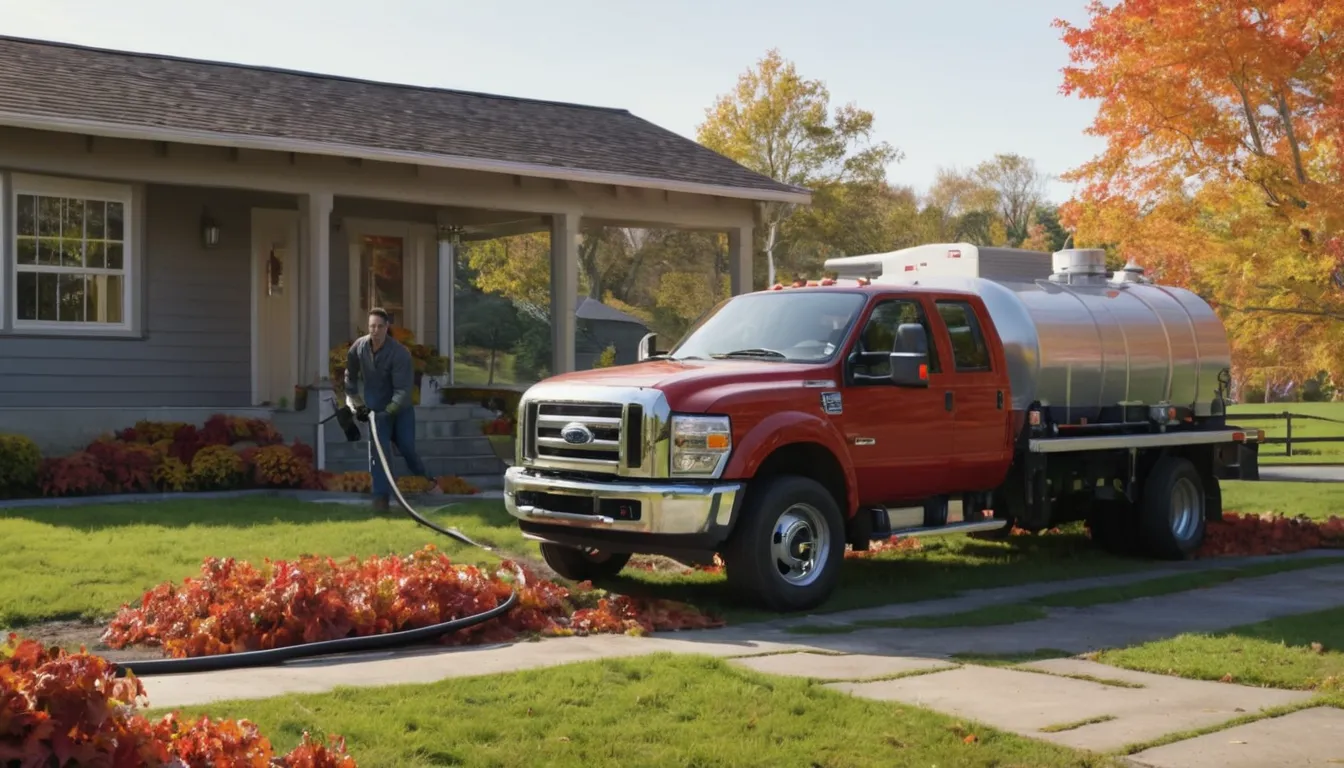 Septic provider pumping a home's tank in the yard in Chanhassen on a clear autumn day