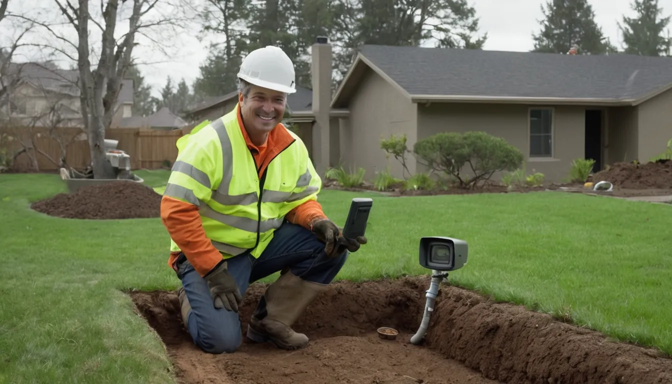 A local provider and a homeowner reviewing a sewer camera screen beside an open yard trench in Chanhassen